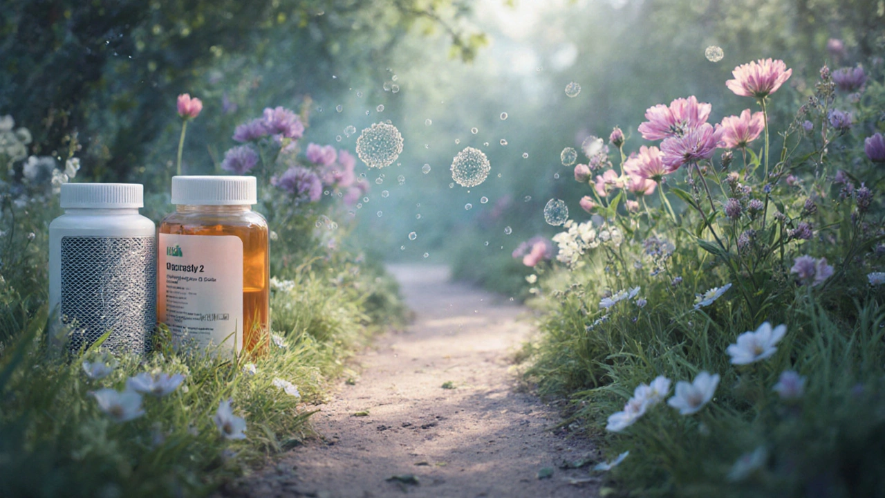 Symbolická scéna imunoterapie: imunitní systém přeměňuje pyl na květy.