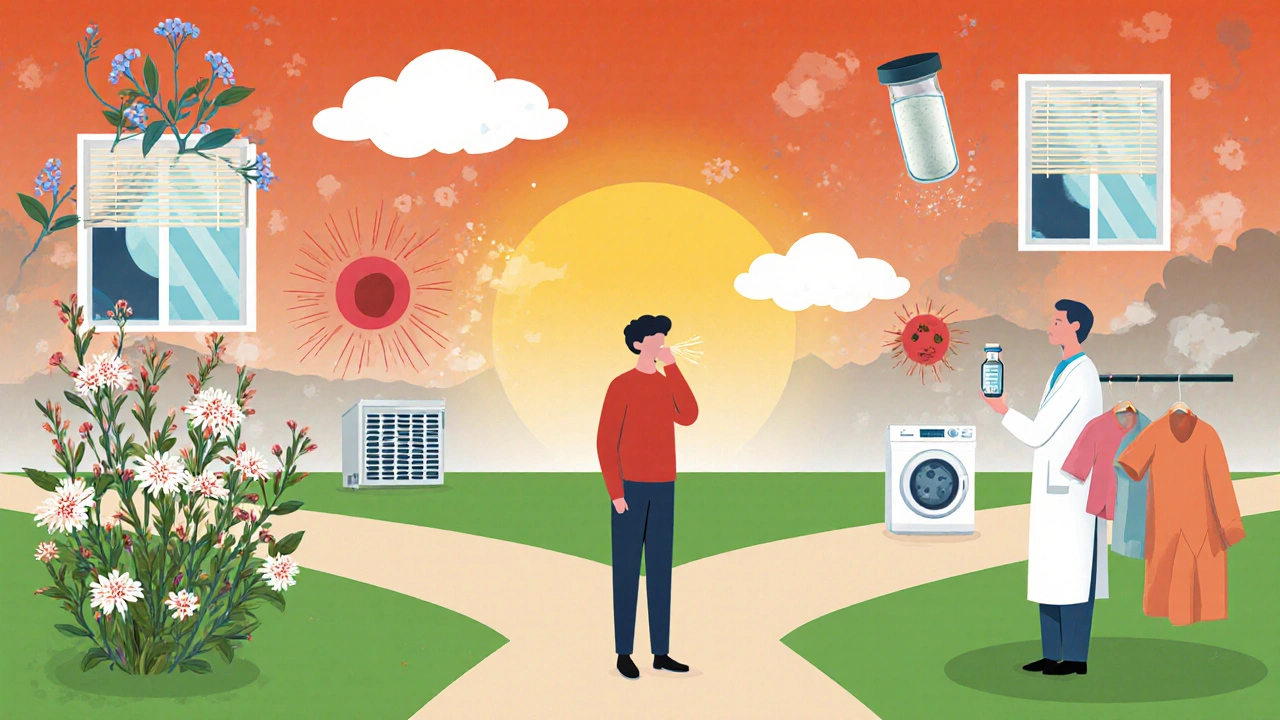 Symbolický obraz dvou cest: jedna vede k alergii, druhá k kontrolě prostřednictvím změn životního stylu.