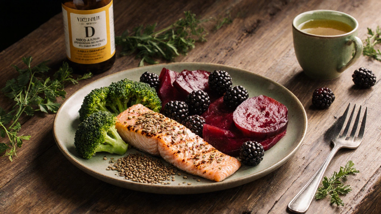 Talíř s potravinami snižujícími IgE: losos, lněná semínka, brokolice a černé maliny.