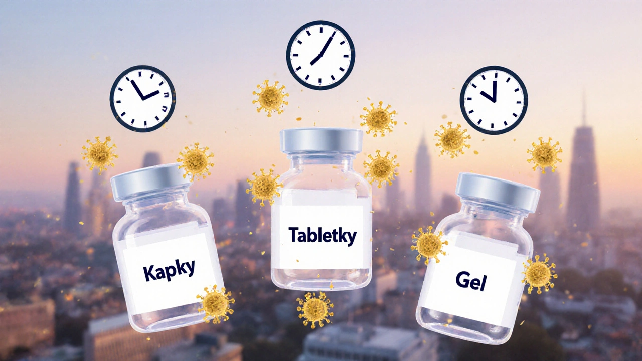 Tři formy Fenistilu – kapky, tabletky a gel – s časovými indikátory jejich účinku.