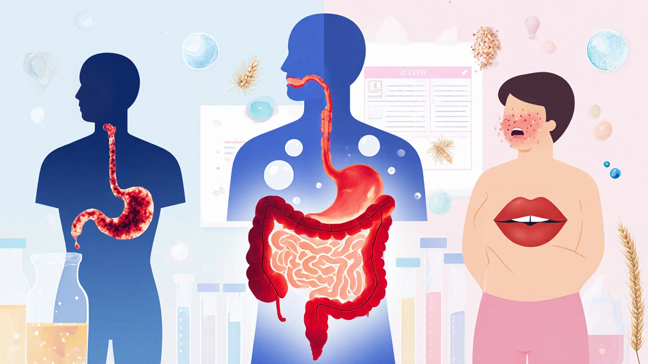Tři postavy symbolizující různé reakce na lepek s viditelnými příznaky.