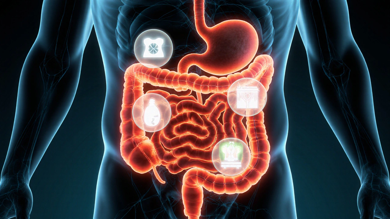 Vnitřní zobrazení trávicího traktu s označenými látkami způsobujícími intoleranci a propojením s mozkem.