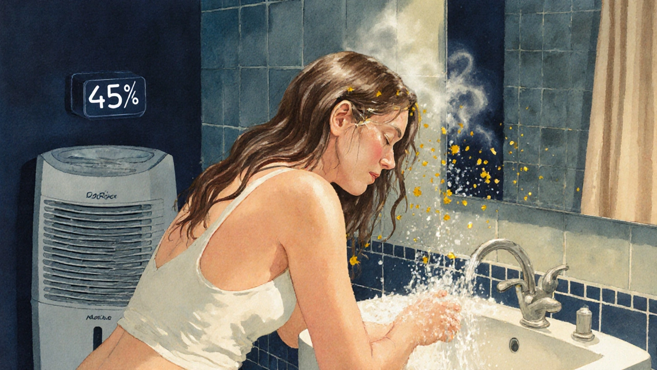 Žena si umývá vlasy večer, aby odstranila pyl z vlasů před spaním.