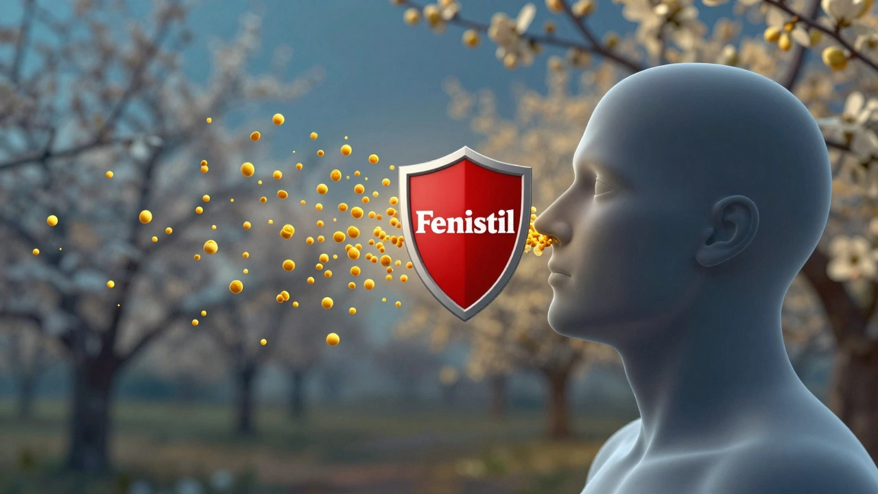 Abstraktní silueta těla blokující histaminové částice z pylu červeným štítem.