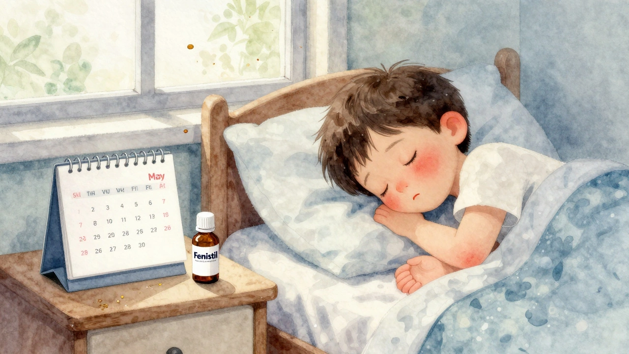 Dítě spí v posteli, u nočního stolku lahvička Fenistilu a kalendář s označenými měsíci.